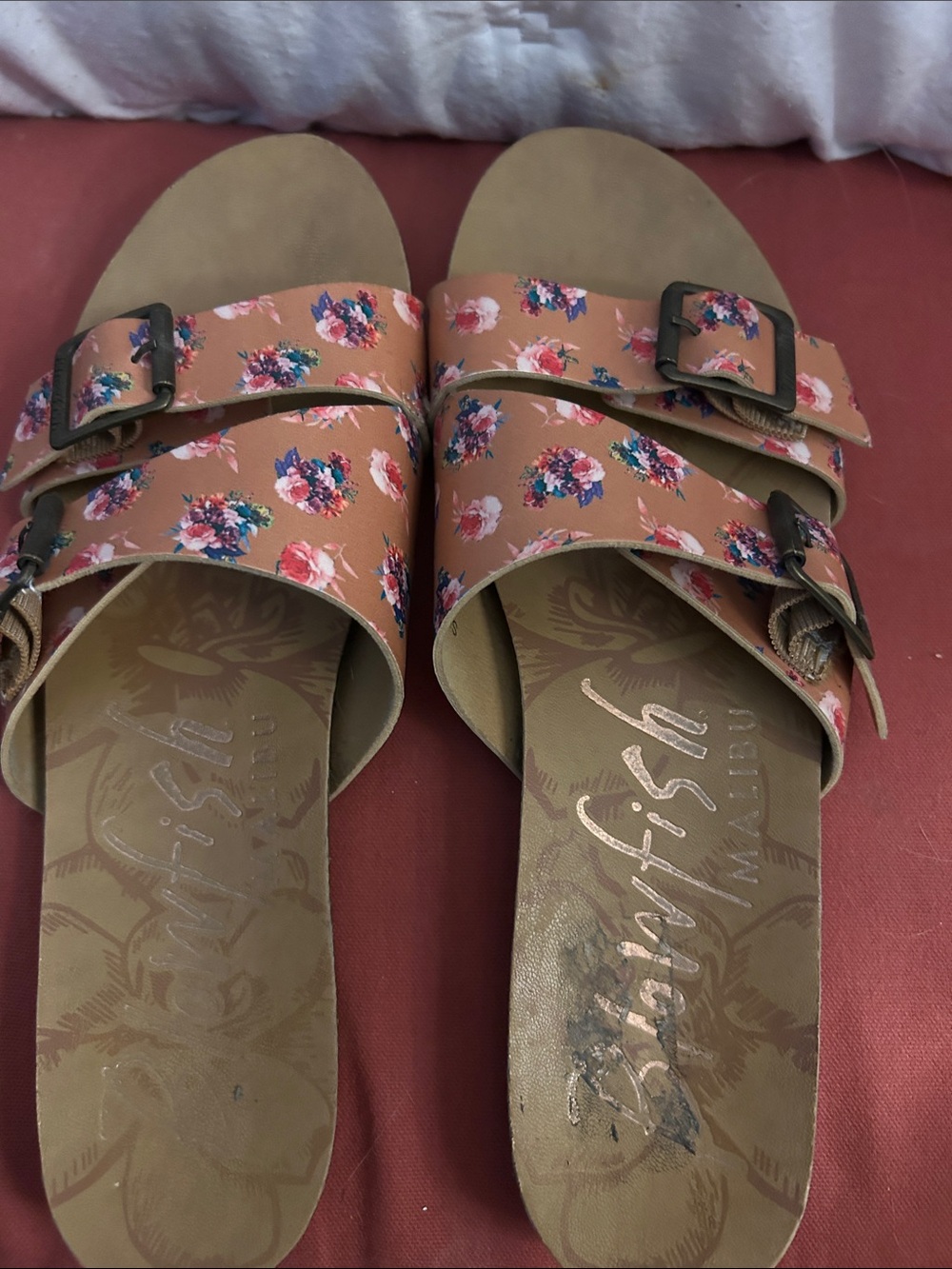 Blowfish Tan Floral Double-Buckle Slide Sandals